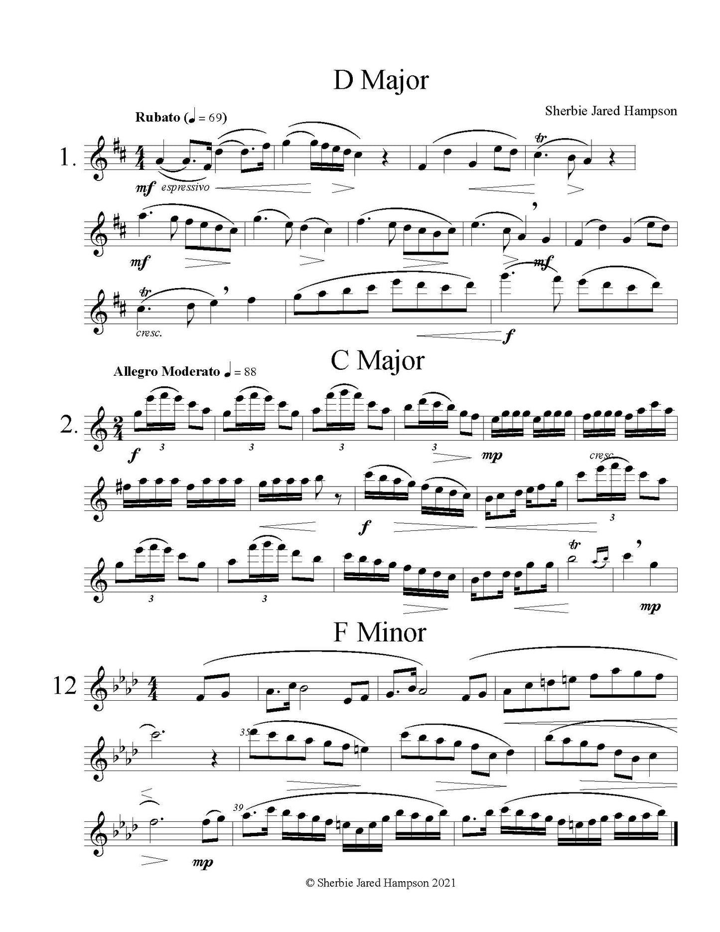 This page shows excerpts of three songs from Flutiful Etudes, Numbers 1, 2, and 12