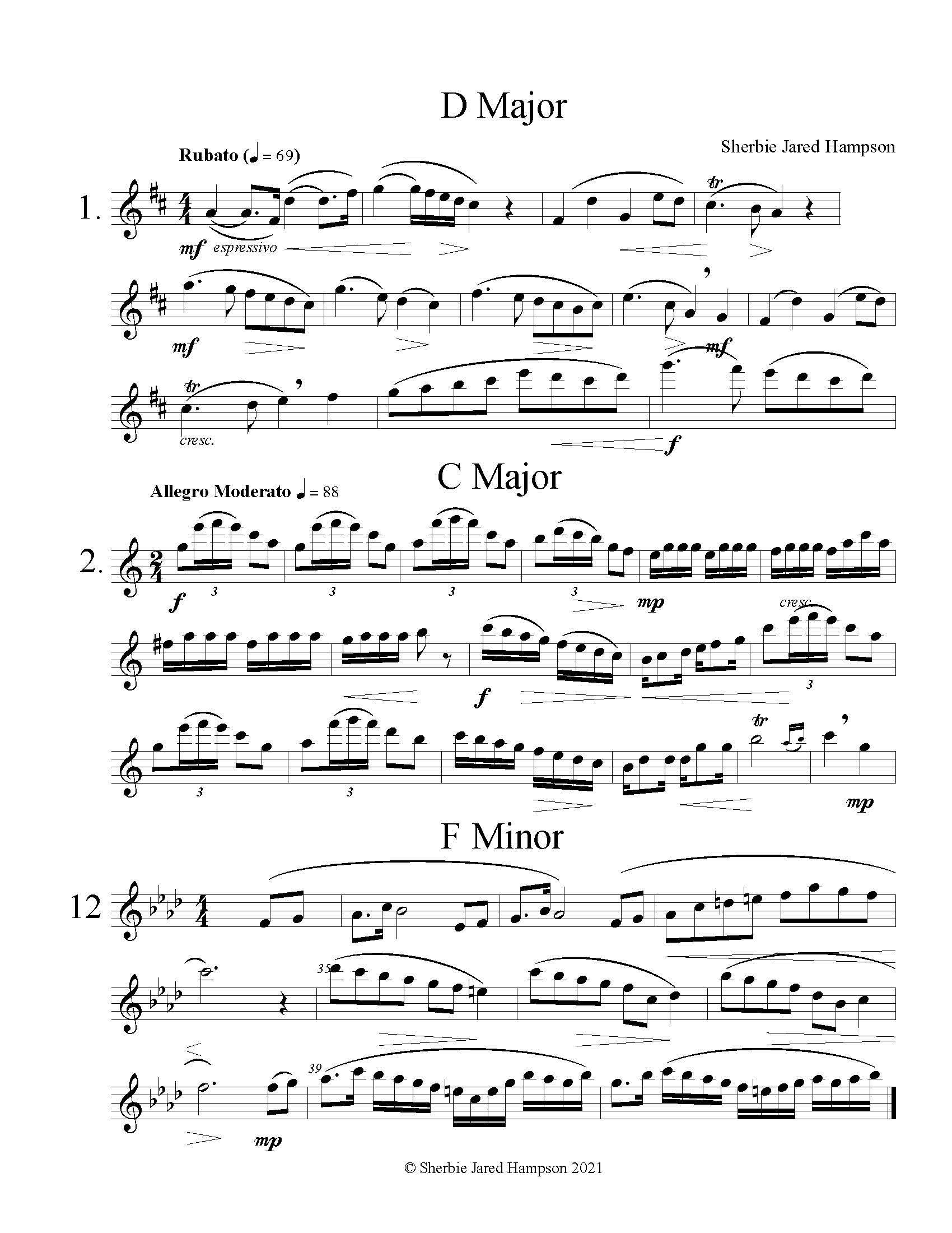 This page shows excerpts of three songs from Flutiful Etudes, Numbers 1, 2, and 12